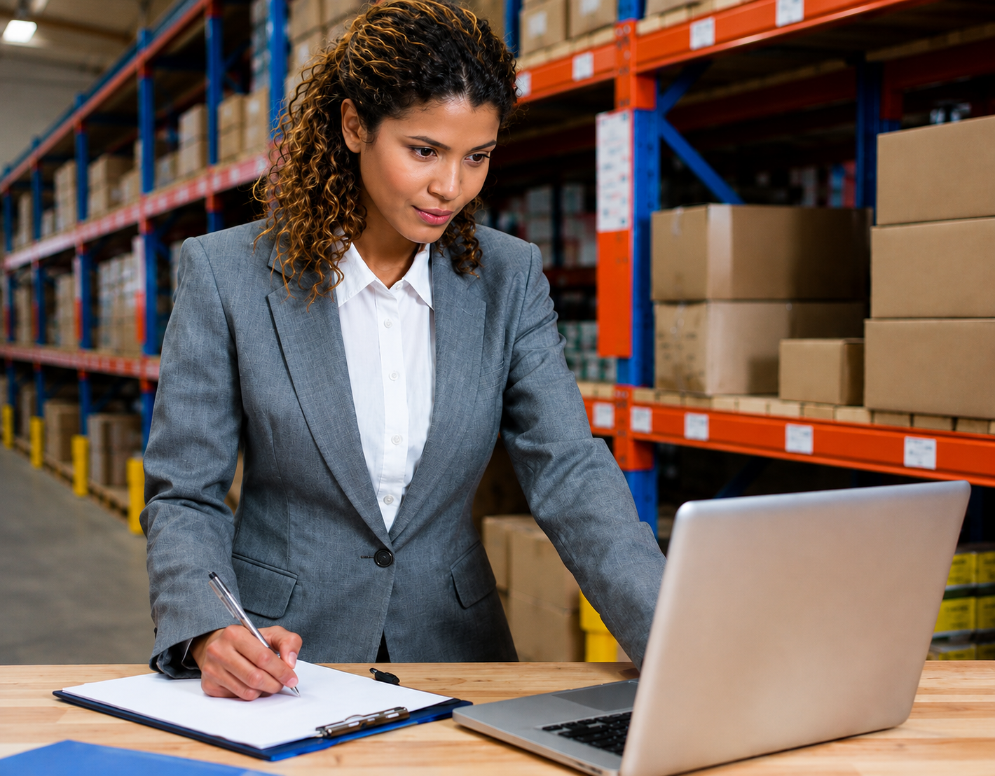 Warehouse logistics manager reviewing stock